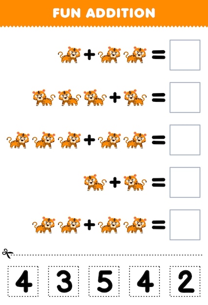 Education game for children fun addition by cut and match correct number for cute cartoon orange tiger animal printable worksheet