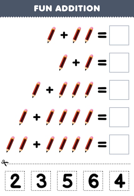 Education game for children fun addition by cut and match correct number for cute cartoon pencil printable tool worksheet