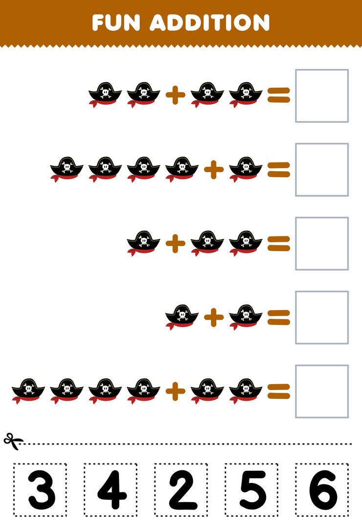 Vector education game for children fun addition by cut and match correct number for cute cartoon pirate hat halloween printable worksheet