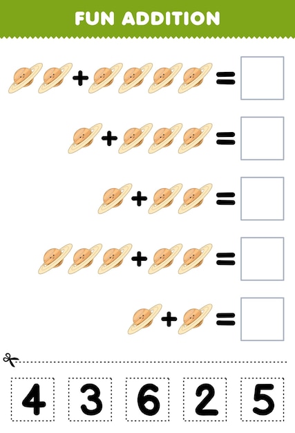 Gioco educativo per bambini divertente aggiunta tagliando e abbinando il numero corretto per il simpatico cartone animato pianeta saturno foglio di lavoro stampabile del sistema solare