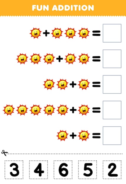 Education game for children fun addition by cut and match correct number for cute cartoon sun printable solar system worksheet