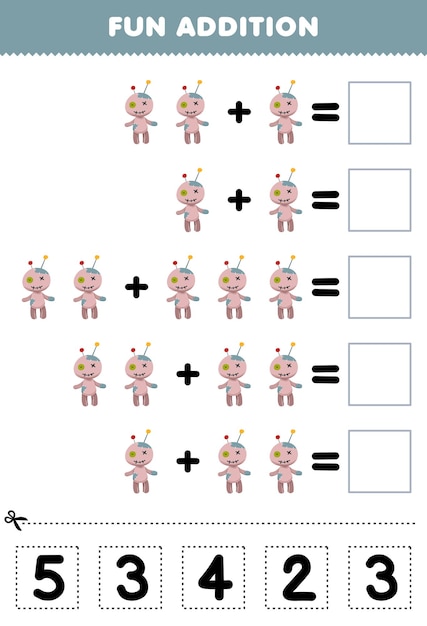 Education game for children fun addition by cut and match correct number for cute cartoon voodoo doll halloween printable worksheet