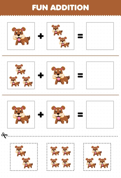 Education game for children fun addition by cut and match cute cartoon animal dog pictures worksheet