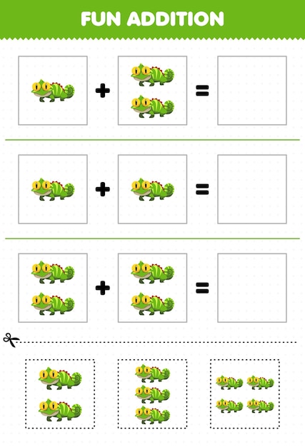 Gioco educativo per bambini divertente aggiunta tagliando e abbinando il foglio di lavoro con immagini di iguana animale simpatico cartone animato