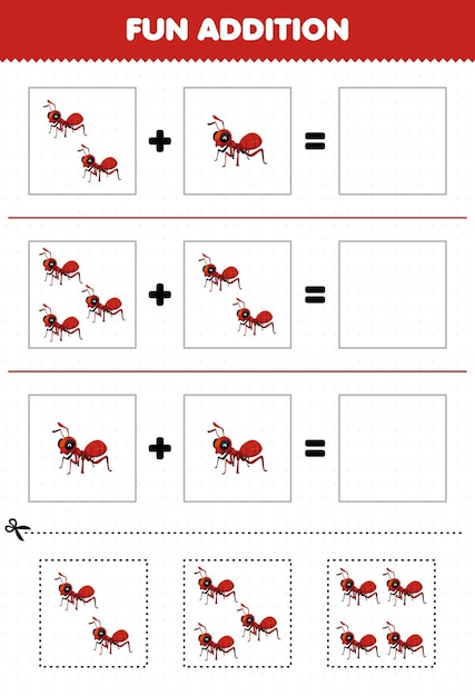 Education game for children fun addition by cut and match of cute cartoon ant pictures for printable bug worksheet