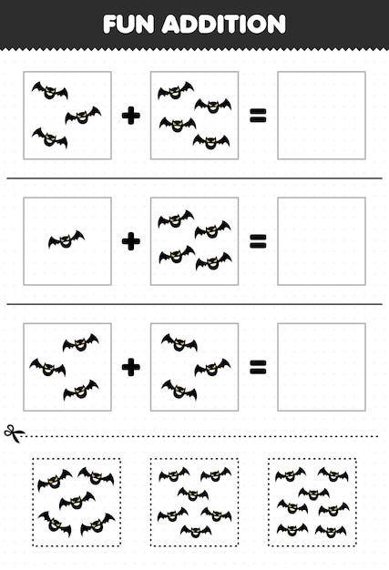 Education game for children fun addition by cut and match of cute cartoon black bat pictures for halloween printable worksheet