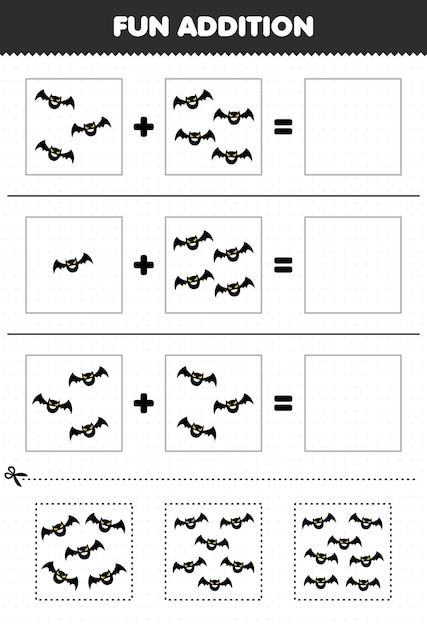 ハロウィーンの印刷可能なワークシートのためのかわいい漫画の黒いコウモリの写真のカットとマッチによる子供たちの楽しい追加のための教育ゲーム