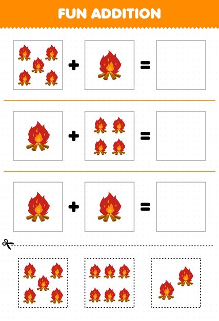 Education game for children fun addition by cut and match of cute cartoon bonfire pictures for printable winter worksheet