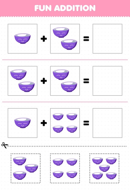 Gioco educativo per bambini divertente aggiunta tagliando e abbinando simpatiche immagini di ciotole di cartoni animati per un foglio di lavoro stampabile