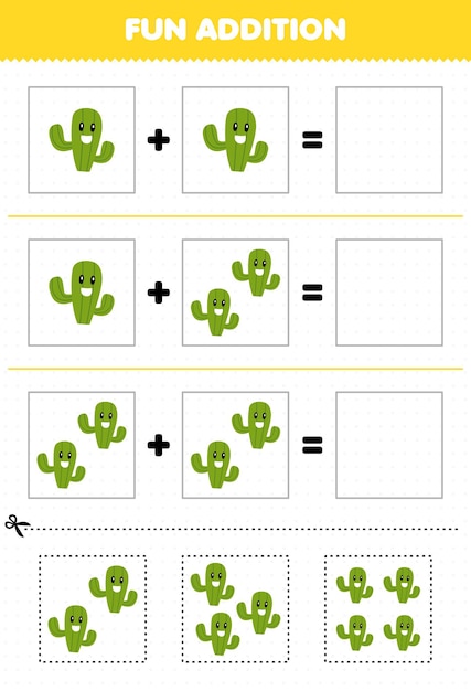 Education game for children fun addition by cut and match of cute cartoon cactus pictures for printable nature worksheet