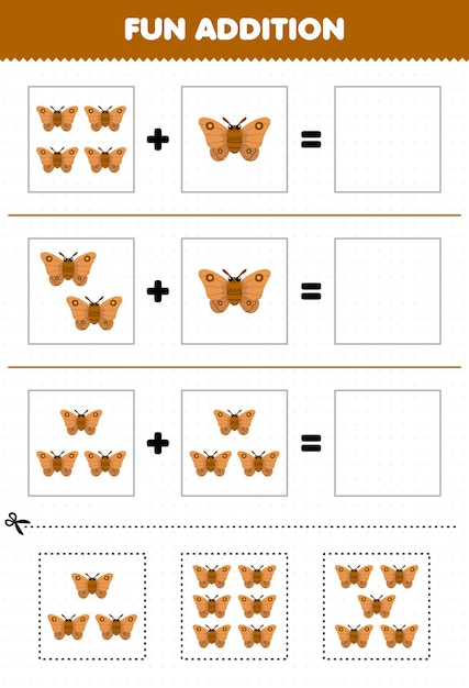 Education game for children fun addition by cut and match of cute cartoon moth pictures for printable bug worksheet