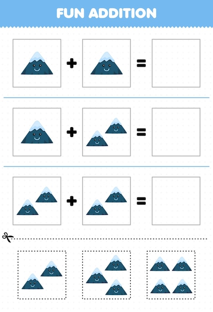 Education game for children fun addition by cut and match of cute cartoon mountain pictures for printable nature worksheet