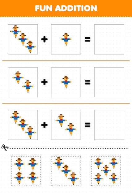 Education game for children fun addition by cut and match of cute cartoon scarecrow pictures for printable farm worksheet