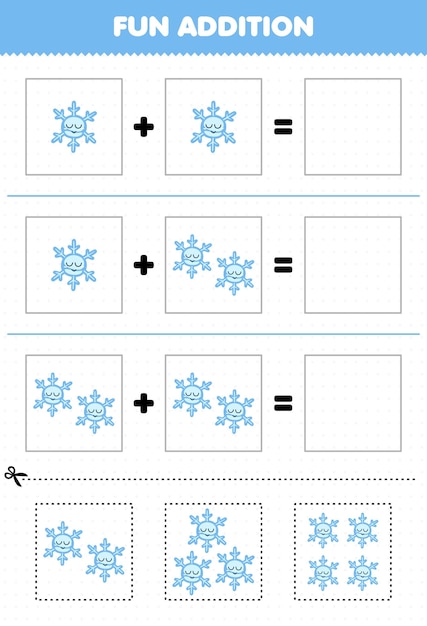 Education game for children fun addition by cut and match of cute cartoon snowflake pictures for printable winter worksheet
