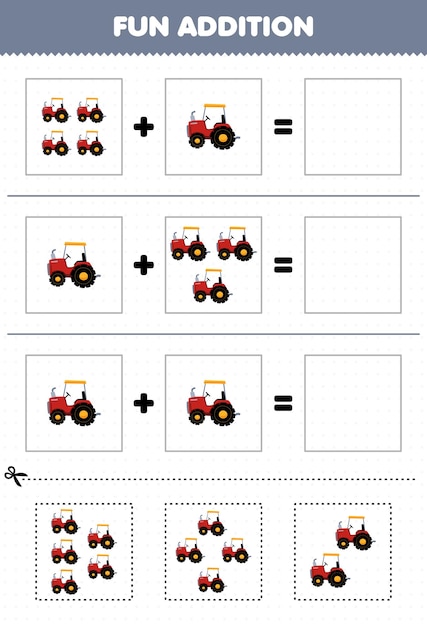 Education game for children fun addition by cut and match of cute cartoon tractor pictures for printable farm worksheet