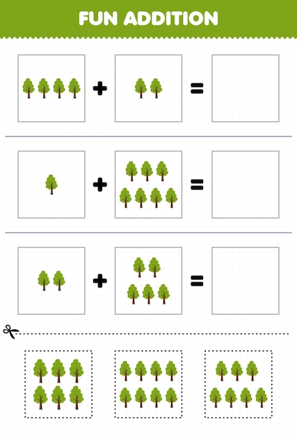 Education game for children fun addition by cut and match of cute cartoon tree pictures for printable farm worksheet