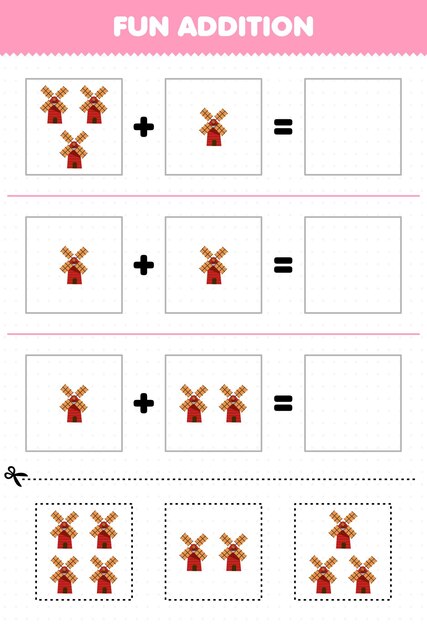 Education game for children fun addition by cut and match of cute cartoon windmill pictures for printable farm worksheet