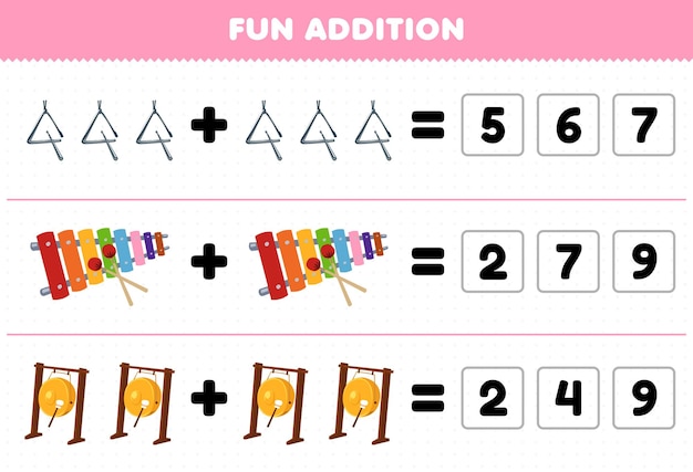 Gioco educativo per bambini divertente aggiunta indovinando il numero corretto di foglio di lavoro stampabile triangolo strumento musicale cartone animato xilofono gong