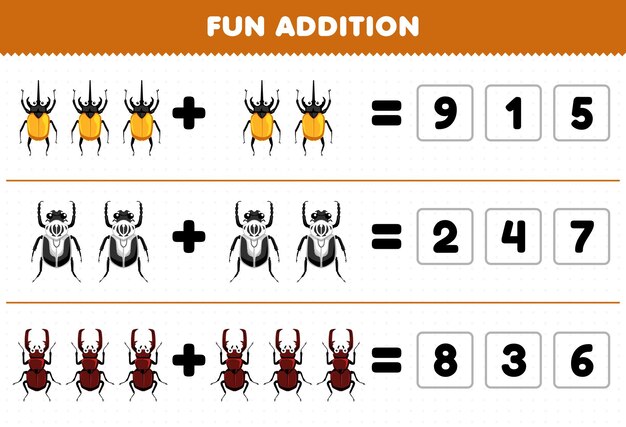 Education game for children fun addition by guess the correct number of cute cartoon beetle printable bug worksheet