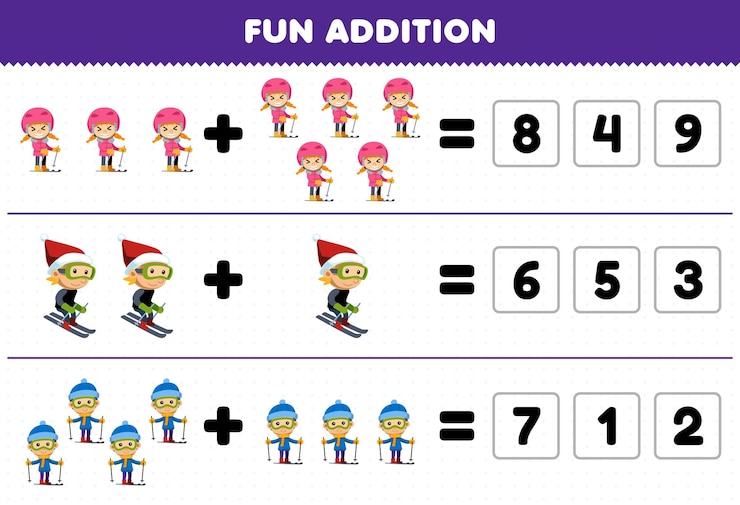 Vector education game for children fun addition by guess the correct number of cute cartoon boy and girl playing ski printable winter worksheet