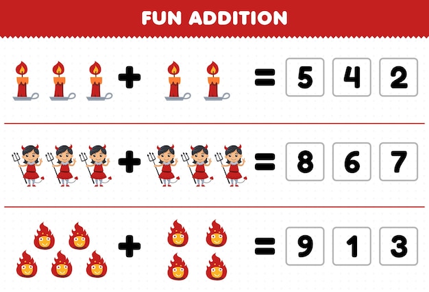 Education game for children fun addition by guess the correct number of cute cartoon candle fire devil girl costume halloween printable worksheet