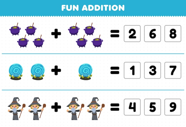 Education game for children fun addition by guess the correct number of cute cartoon cauldron magic orb wizard halloween printable worksheet