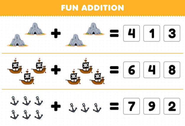 Gioco educativo per bambini aggiunta divertente indovinando il numero corretto di simpatica nave delle caverne dei cartoni animati e foglio di lavoro dei pirati stampabile con ancoraggio