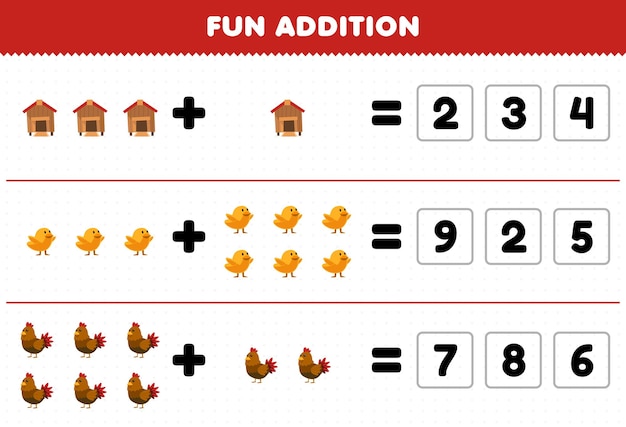 Gioco educativo per bambini divertente aggiunta indovinando il numero corretto di simpatico cartone animato coop pulcino pollo gallina stampabile foglio di lavoro fattoria