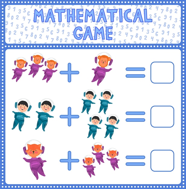 Gioco educativo per bambini divertente aggiunta indovinando il numero corretto di cosmonauti simpatico cartone animato foglio di lavoro stampabile