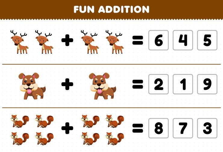 Vector education game for children fun addition by guess the correct number of cute cartoon deer dog chipmunk printable animal worksheet