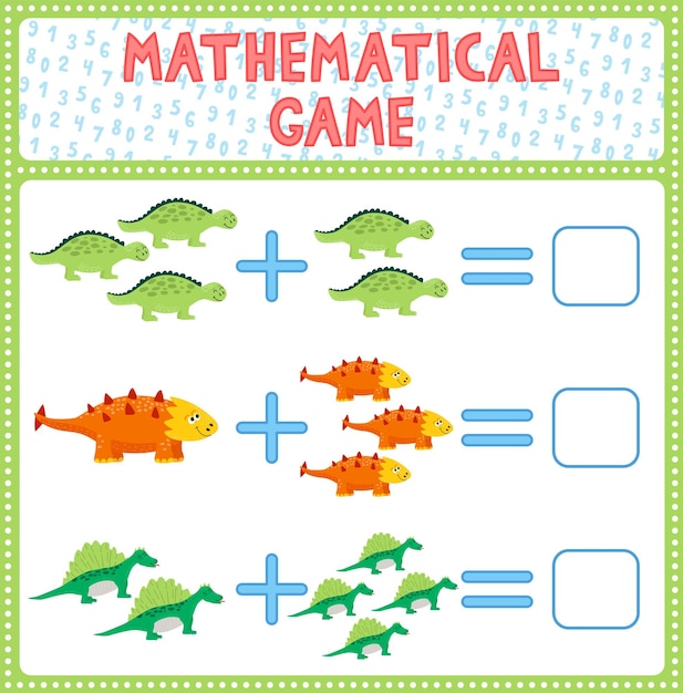 Education game for children fun addition by guess the correct number of cute cartoon dinosaurs print