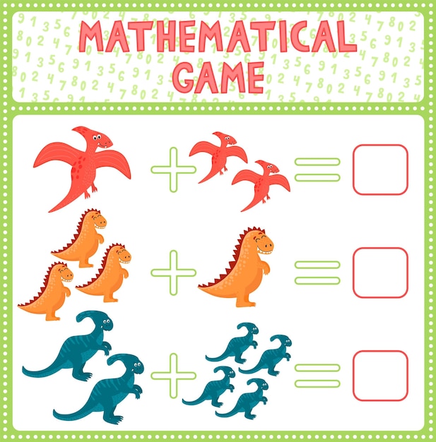 귀여운 만화 공룡 인쇄의 정확한 수를 추측하여 어린이 재미 추가를위한 교육 게임