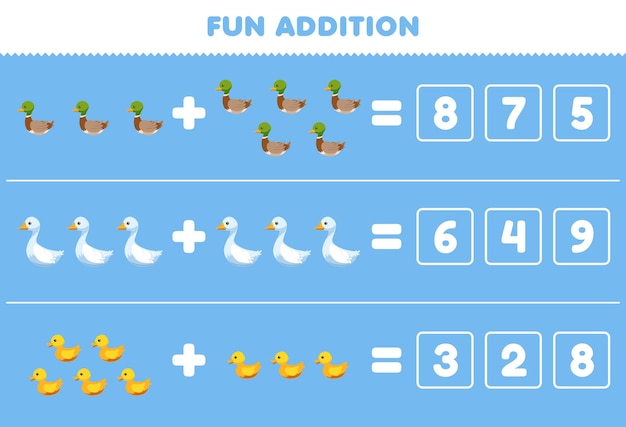 Education game for children fun addition by guess the correct number of cute cartoon duck duckling goose printable farm worksheet