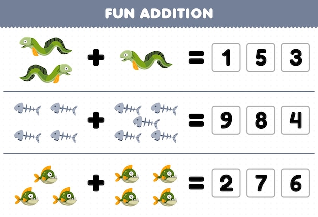 Education game for children fun addition by guess the correct number of cute cartoon eel bone piranha printable underwater worksheet