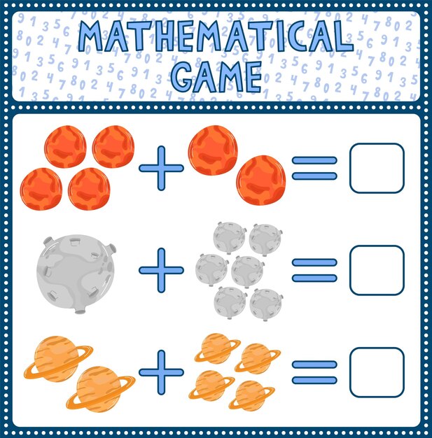 Gioco educativo per bambini divertente aggiunta indovinando il numero corretto di simpatici cartoni animati mars moon satur