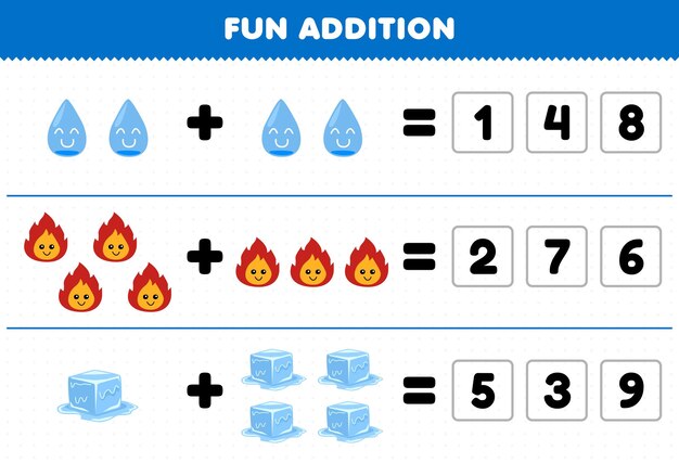 Vector education game for children fun addition by guess the correct number of cute cartoon water fire ice printable nature worksheet