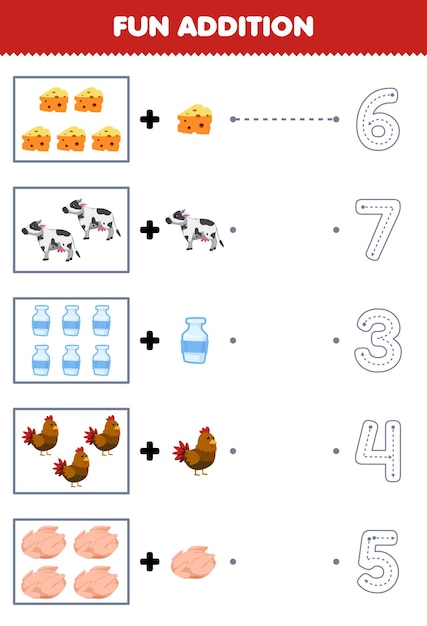 Education game for children fun addition of cartoon cheese cow milk chicken meat then choose the correct number by tracing the line farm worksheet