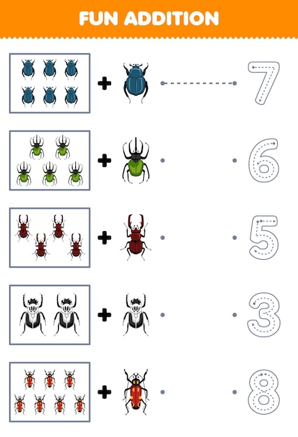 Education game for children fun addition of cute cartoon beetle then choose the correct number by tracing the line bug worksheet