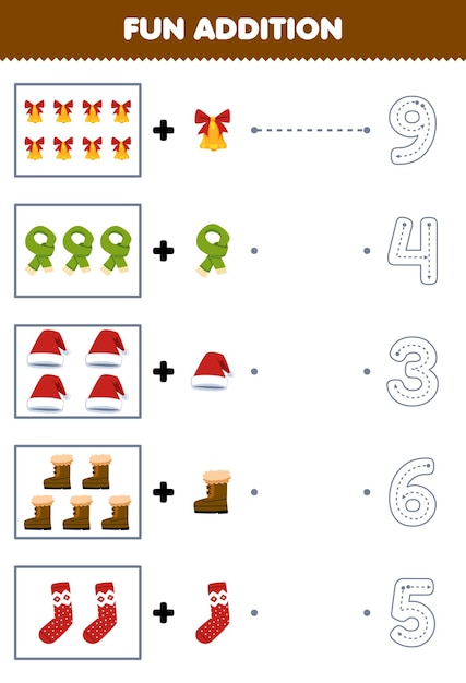 Education game for children fun counting and add one more cartoon bell scarf hat boot sock then choose the correct number winter worksheet