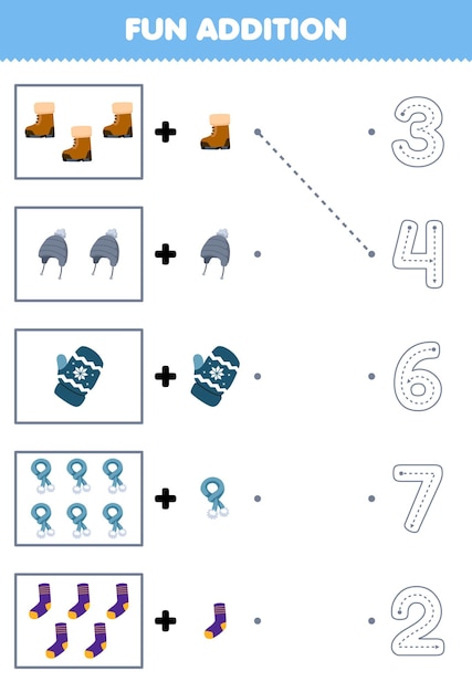 Gioco educativo per bambini divertiti a contare e aggiungi un altro calzino con sciarpa e guanto con berretto da cartone animato, quindi scegli il foglio di lavoro invernale con il numero corretto