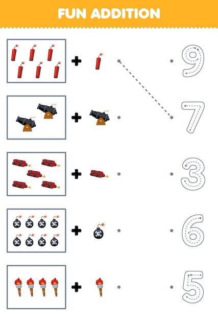 Gioco educativo per bambini divertiti a contare e aggiungi un'altra torcia con cannone a dinamite dei cartoni animati, quindi scegli il foglio di lavoro dei pirati con il numero corretto