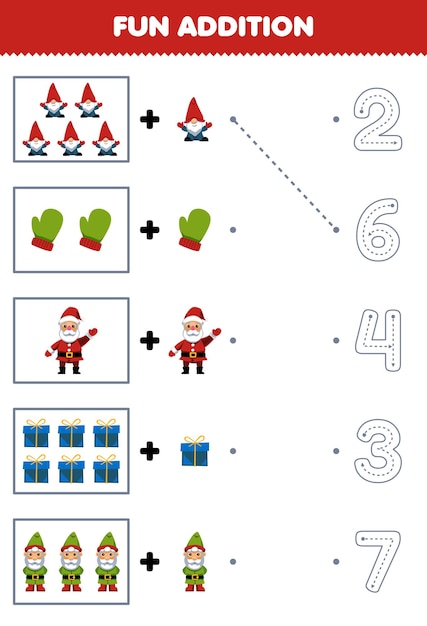 Education game for children fun counting and add one more cartoon gnome mitten santa gift box then choose the correct number winter worksheet