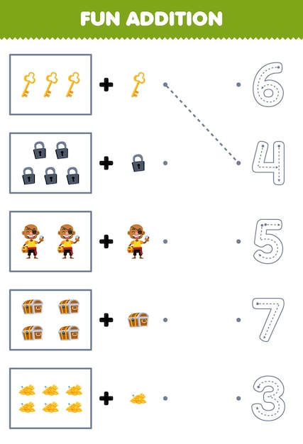 Education game for children fun counting and add one more cartoon key padlock bald man chest treasure then choose the correct number pirate worksheet