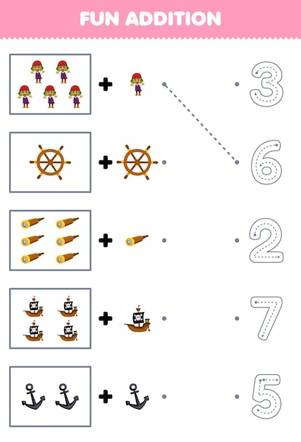 Education game for children fun counting and add one more cartoon man wheel spyglass ship anchor then choose the correct number pirate worksheet