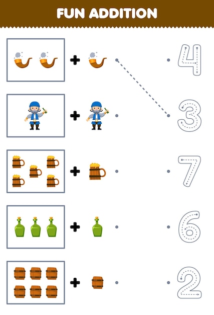 Education game for children fun counting and add one more cartoon pipe old man mug bottle barrel then choose the correct number pirate worksheet