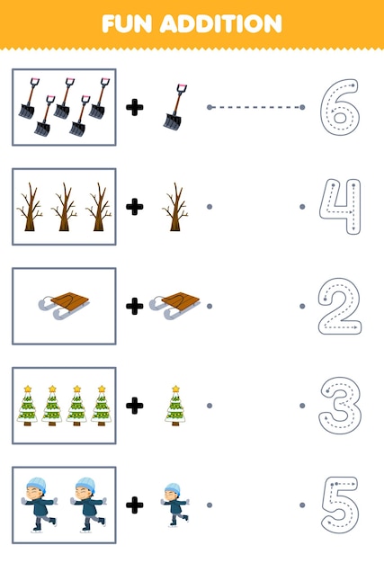 Gioco educativo per bambini divertiti a contare e aggiungi un altro cartone animato pala albero di natale slitta ragazzo che gioca a pattinare sul ghiaccio, quindi scegli il numero corretto foglio di lavoro invernale