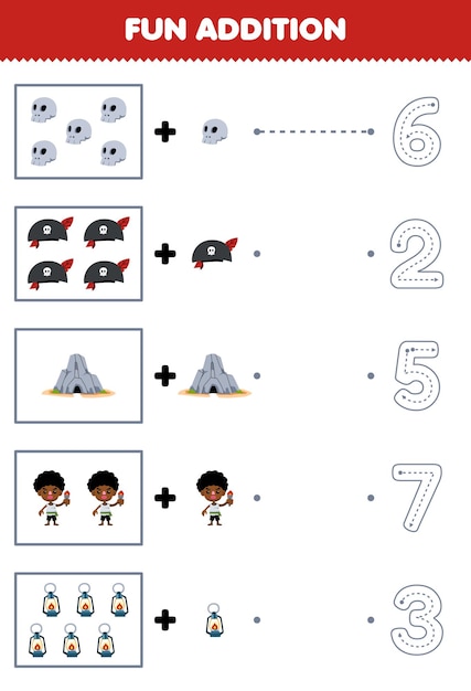 Education game for children fun counting and add one more cartoon skull hat cave boy lantern then choose the correct number pirate worksheet