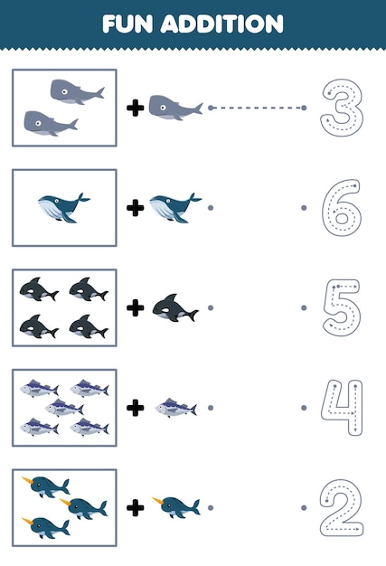 Education game for children fun counting and add one more cartoon whale orca fish narwhal then choose the correct number underwater worksheet