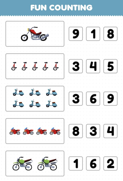 Education game for children fun counting and choosing the correct number of cartoon bike transportation motorcycle unicycle scooter motorbike motocross printable worksheet