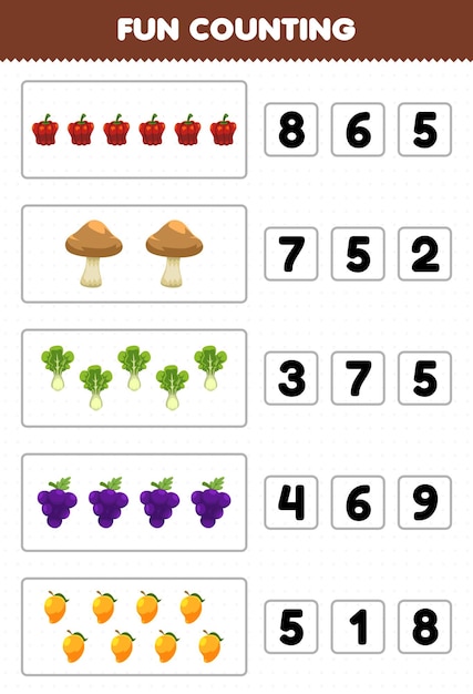 Gioco educativo per bambini divertente contare e scegliere il numero corretto di cartone animato frutta e verdura paprika fungo lattuga uva mango foglio di lavoro stampabile